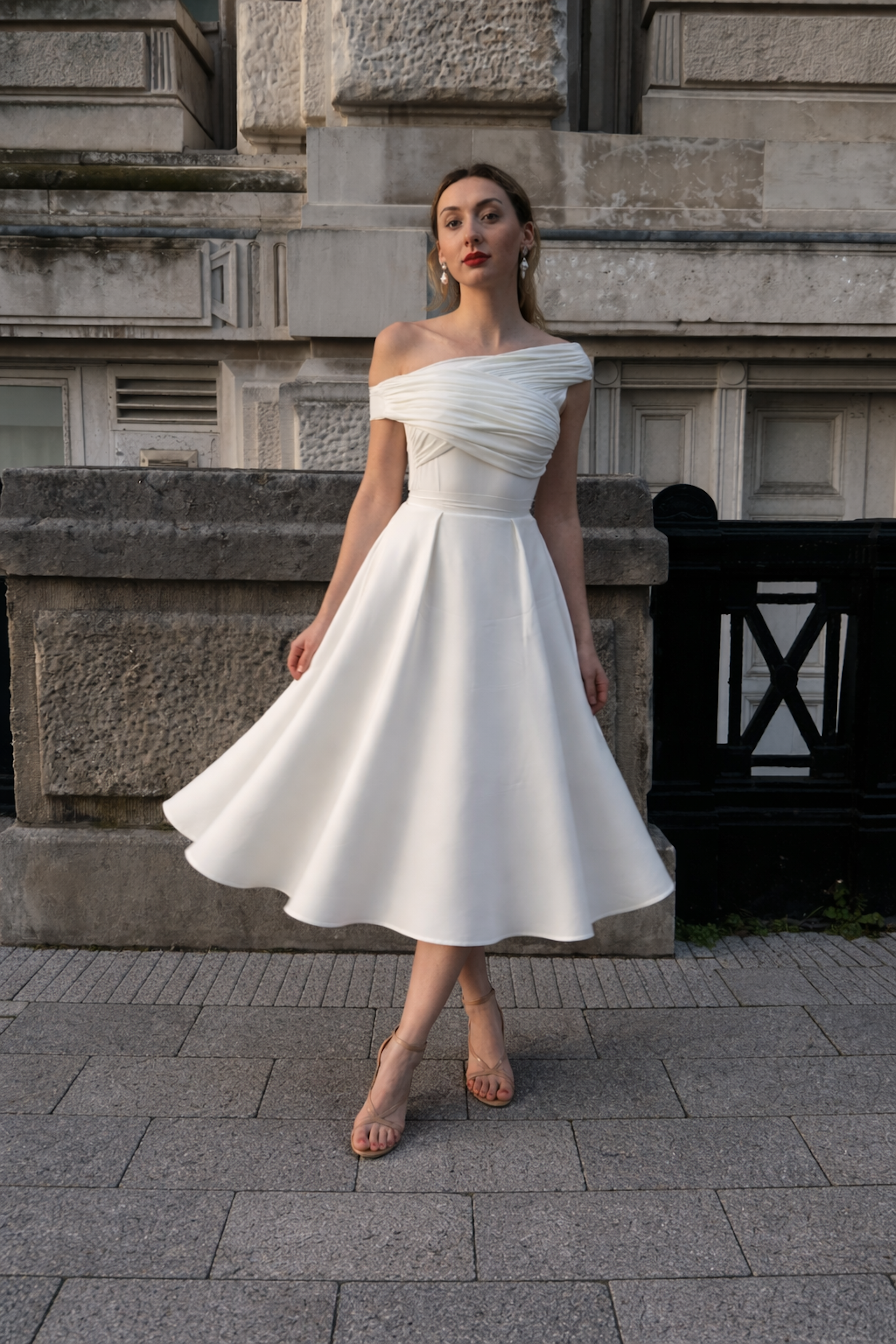 Ivory Pleated Flared Midi Skirt INF20264