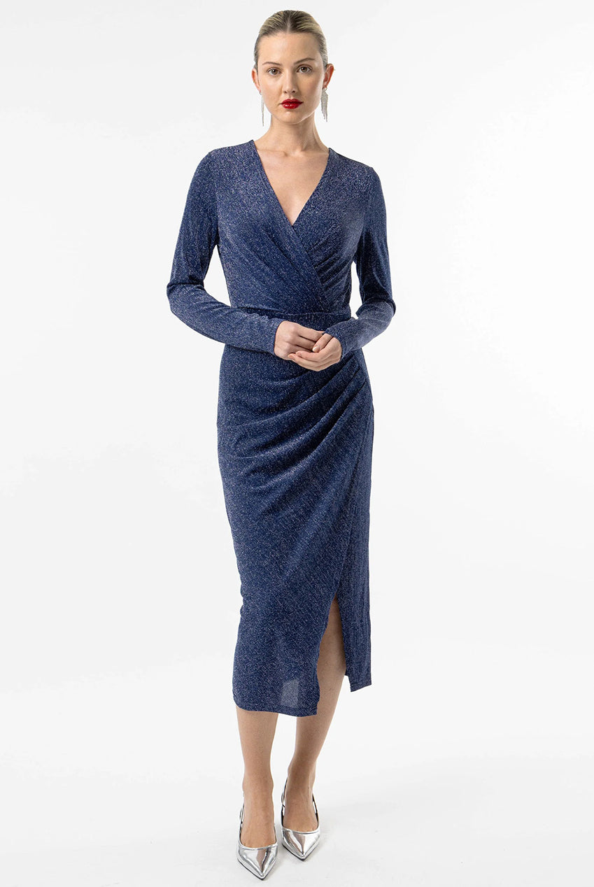 Metallic Wrap Midi Dress In Navy Silver J035274