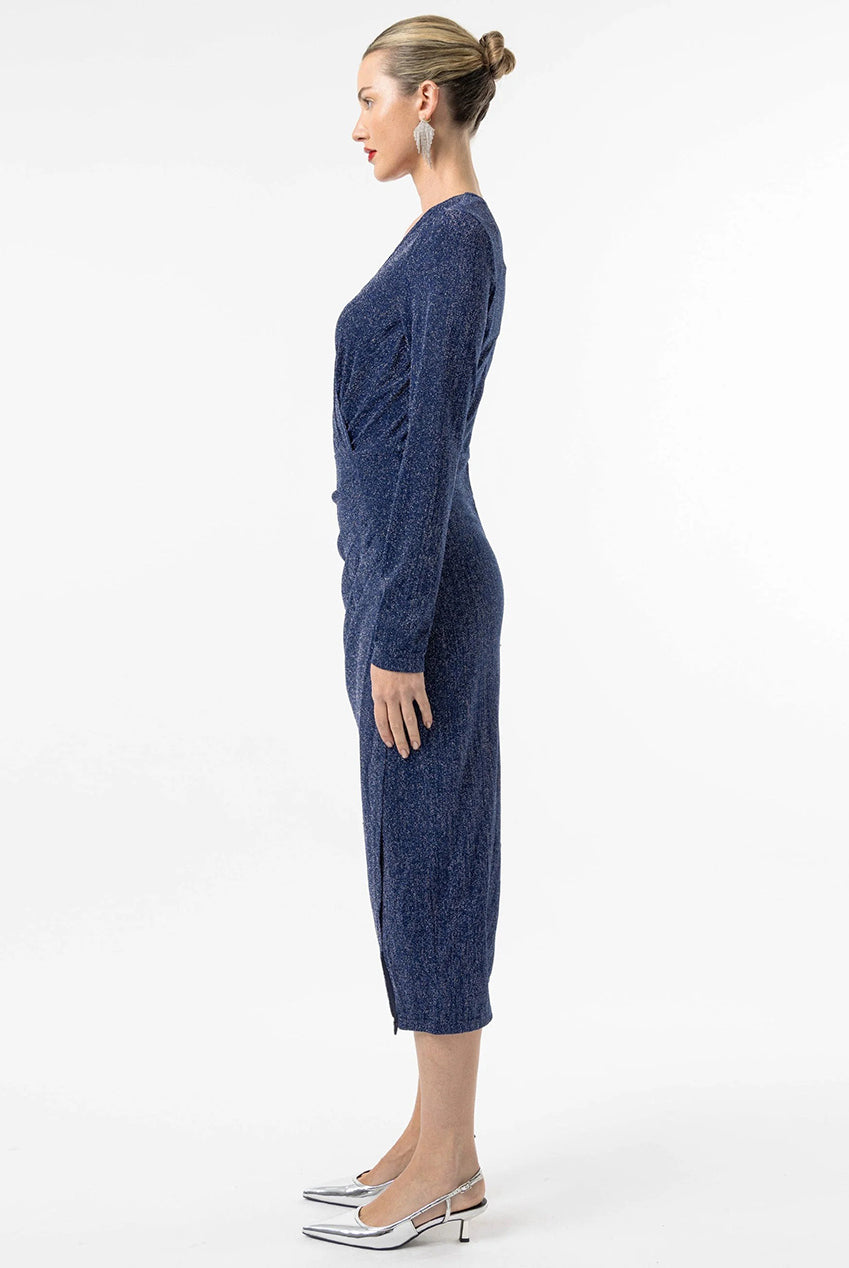 Metallic Wrap Midi Dress In Navy Silver J035274