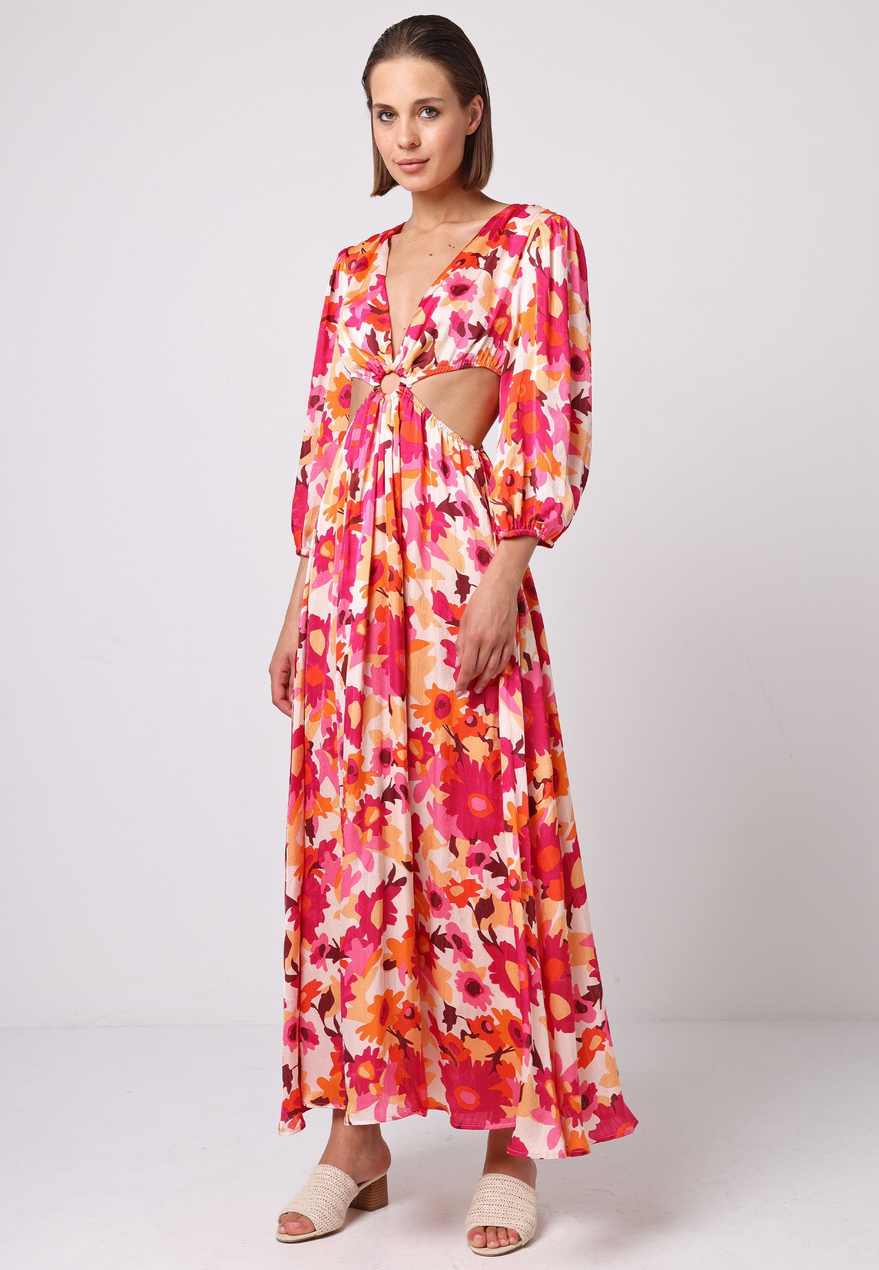 Cut Out Long Sleeve Maxi Dress In Pink Floral Print J035506HOTPNKF