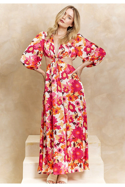 Hotpink - Cut Out Long Sleeve Maxi Dress In Pink Floral Print by Angeleye