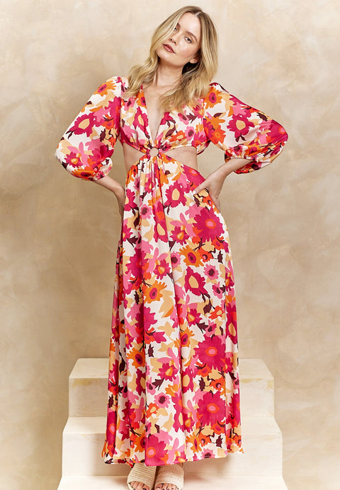 Angeleye Cut Out Long Sleeve Maxi Dress In Pink Floral Print