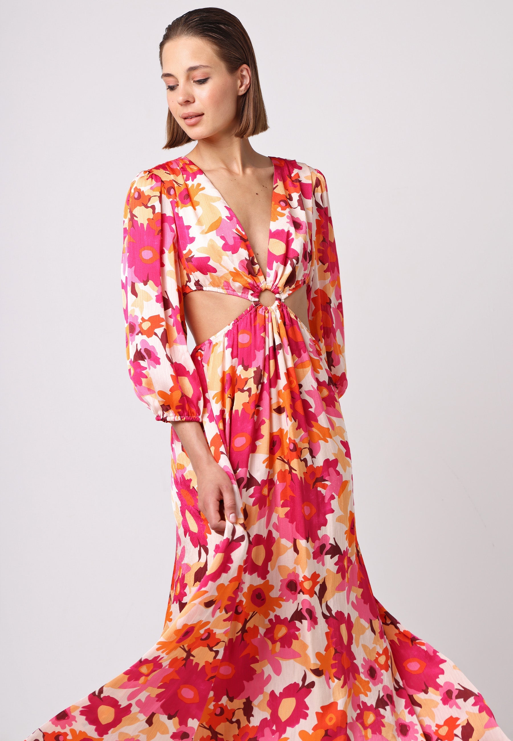 Cut Out Long Sleeve Maxi Dress In Pink Floral Print J035506HOTPNKF
