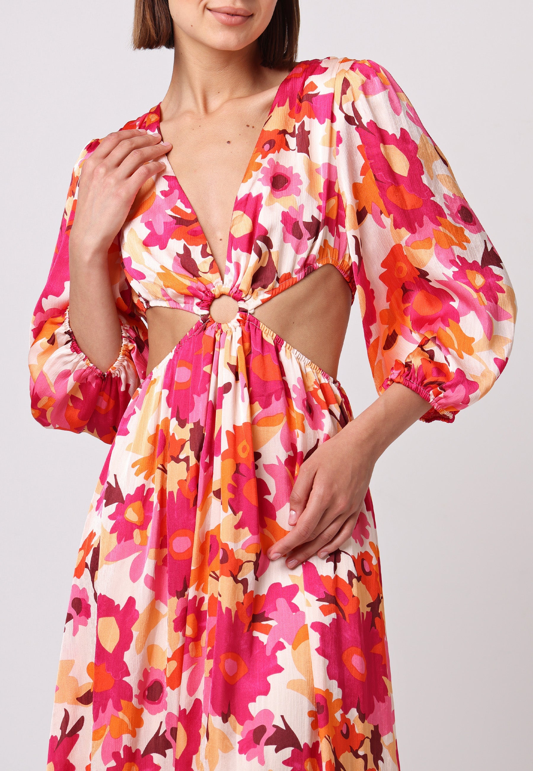 Cut Out Long Sleeve Maxi Dress In Pink Floral Print J035506HOTPNKF
