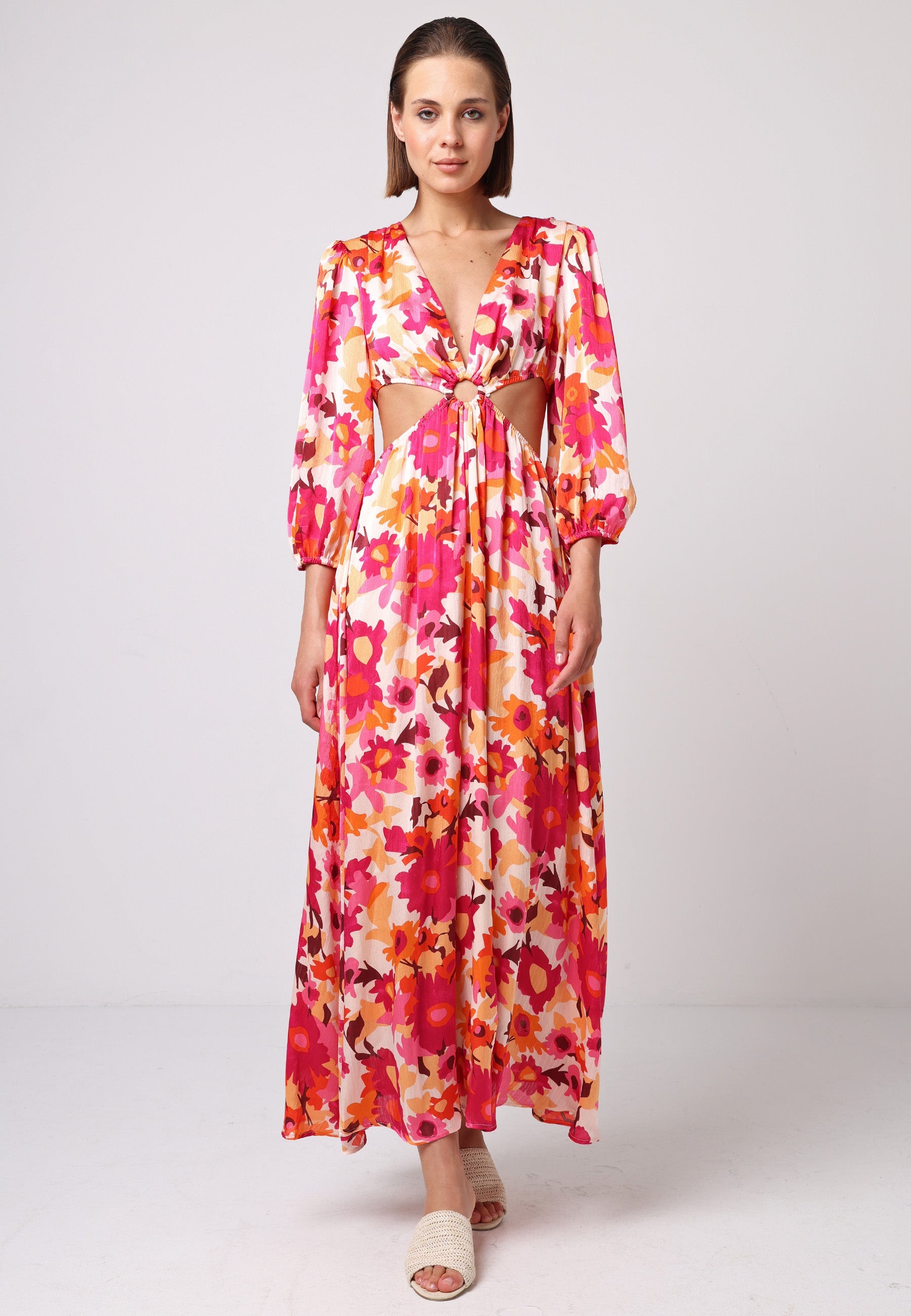 Cut Out Long Sleeve Maxi Dress In Pink Floral Print J035506HOTPNKF
