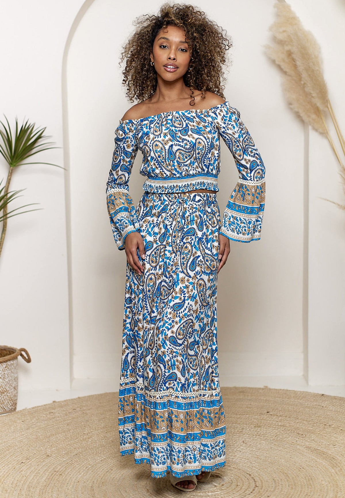 Boho Co-ord Bardot Top And Maxi Skirt Set In Blue Paisley Print J038879-80BLEF