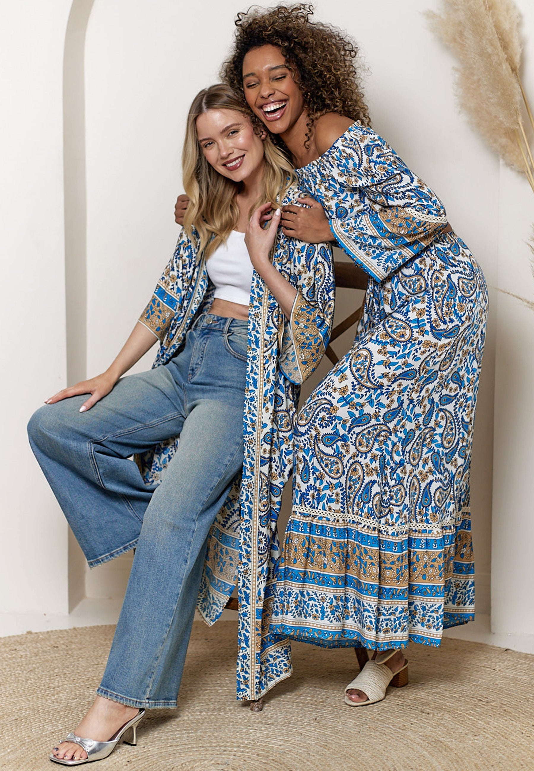 Boho Co-ord Bardot Top And Maxi Skirt Set In Blue Paisley Print J038879-80BLEF
