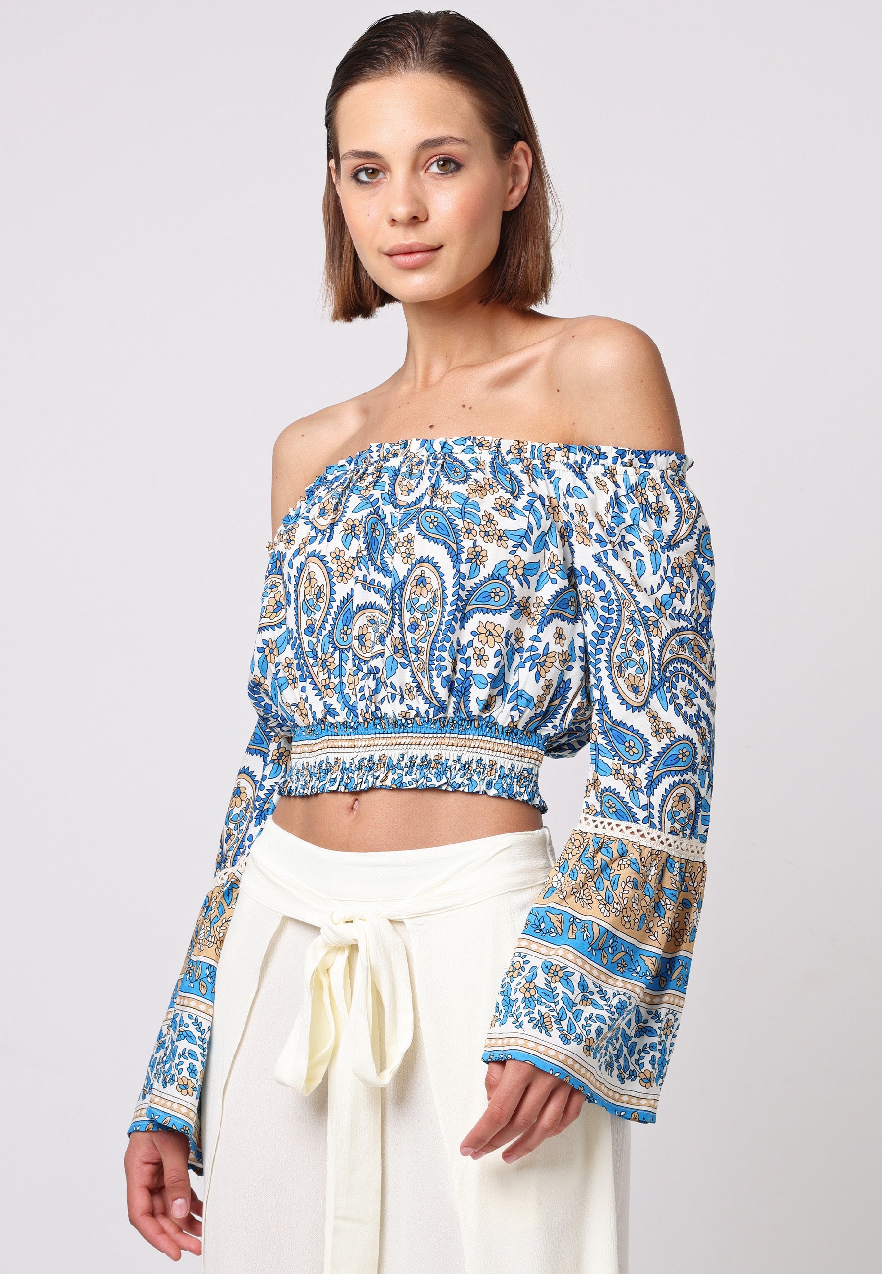 Boho Co-ord Bardot Top And Maxi Skirt Set In Blue Paisley Print J038879-80BLEF