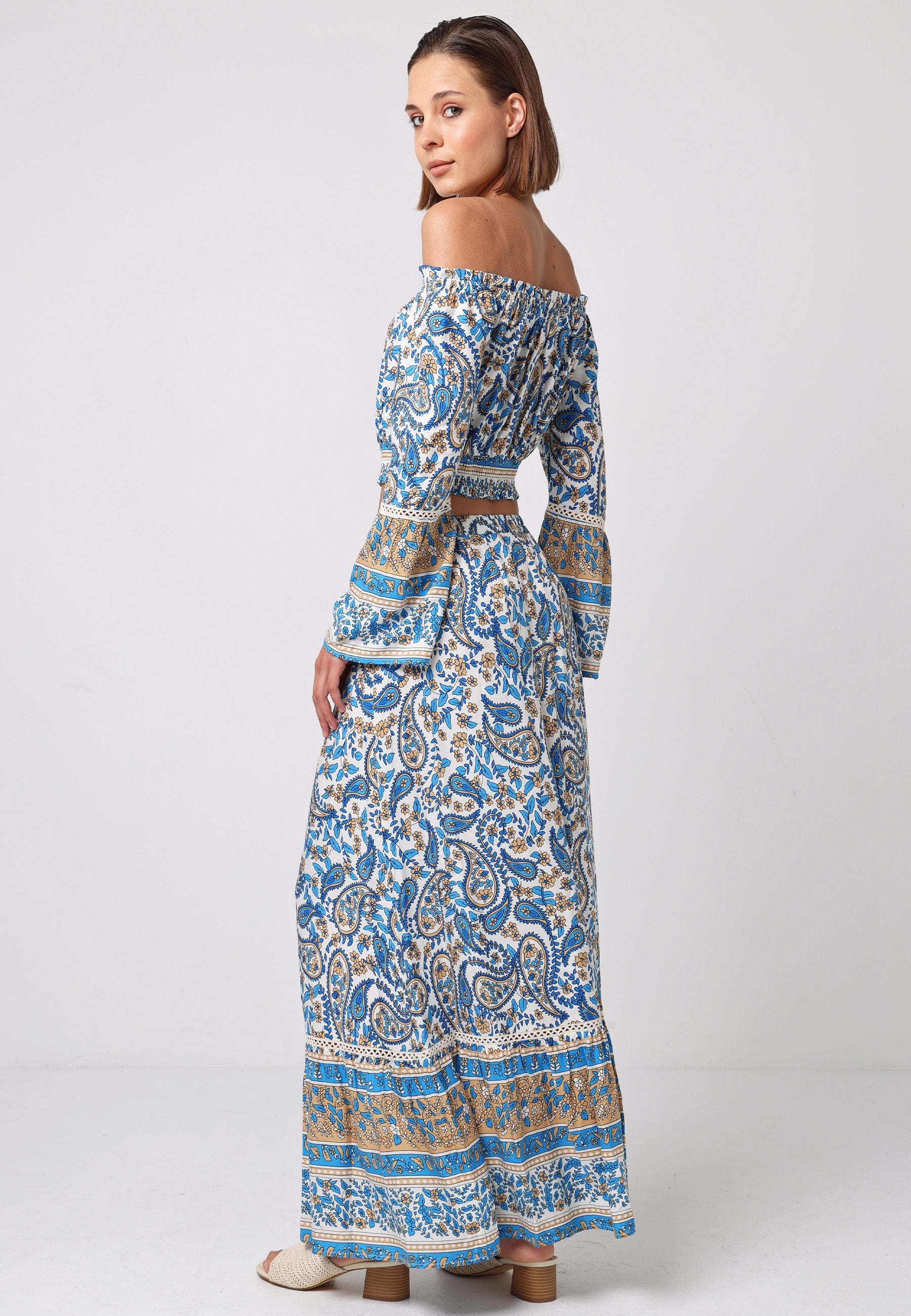 Boho Co-ord Bardot Top And Maxi Skirt Set In Blue Paisley Print J038879-80BLEF