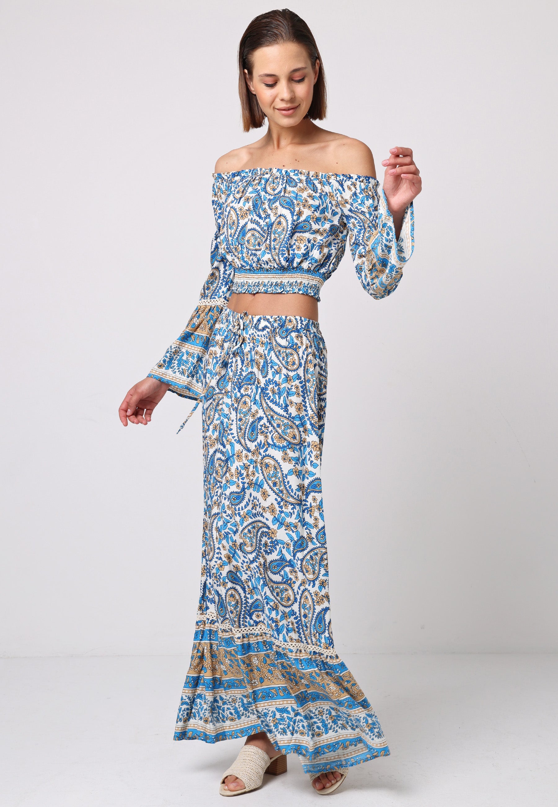 Boho Co-ord Bardot Top And Maxi Skirt Set In Blue Paisley Print J038879-80BLEF