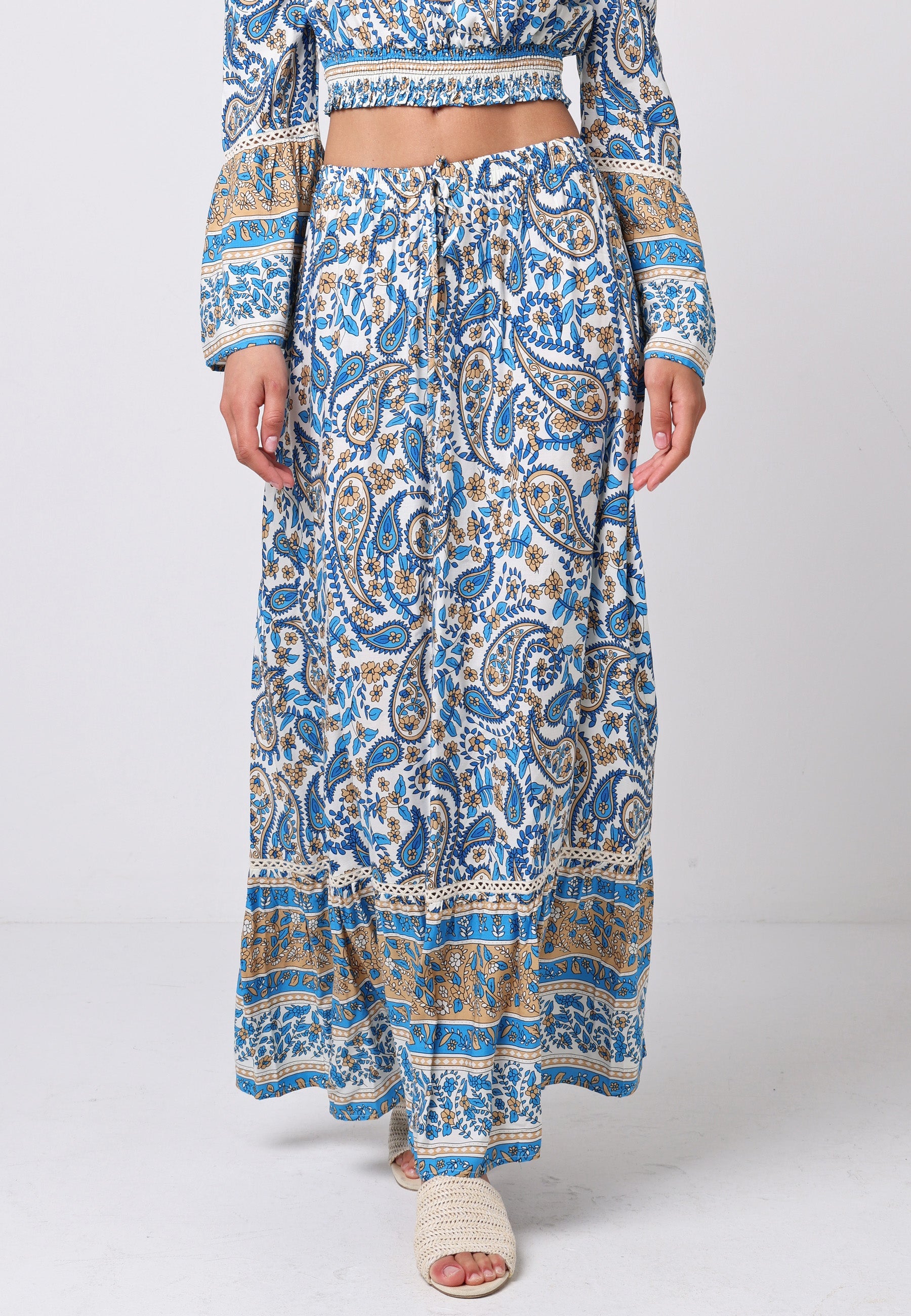Boho Co-ord Bardot Top And Maxi Skirt Set In Blue Paisley Print J038879-80BLEF