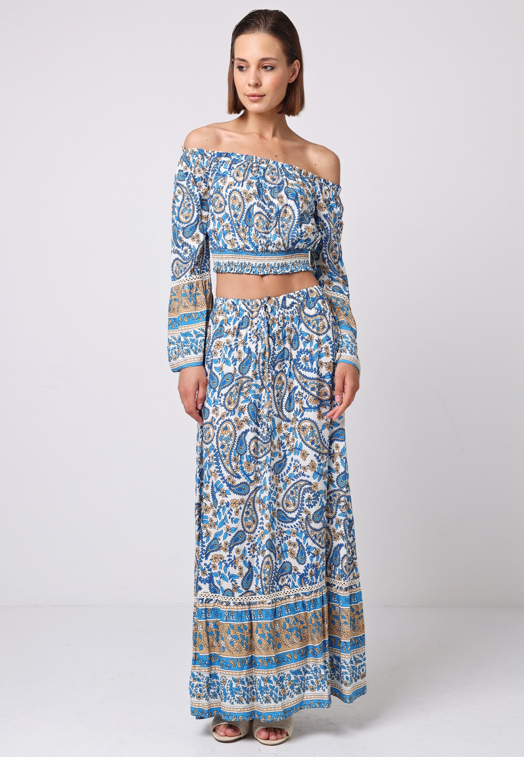 Boho Co-ord Bardot Top And Maxi Skirt Set In Blue Paisley Print J038879-80BLEF