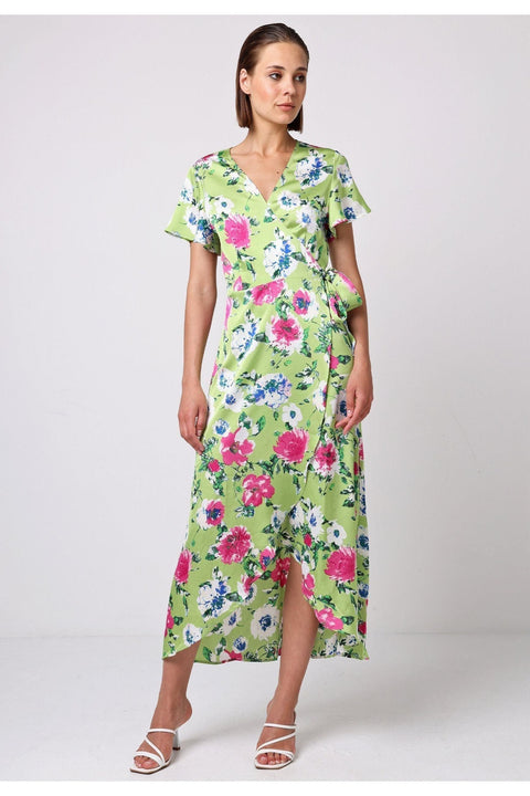 Angel Sleeve Tie Wrap Dress In Green Floral Print by Angeleye