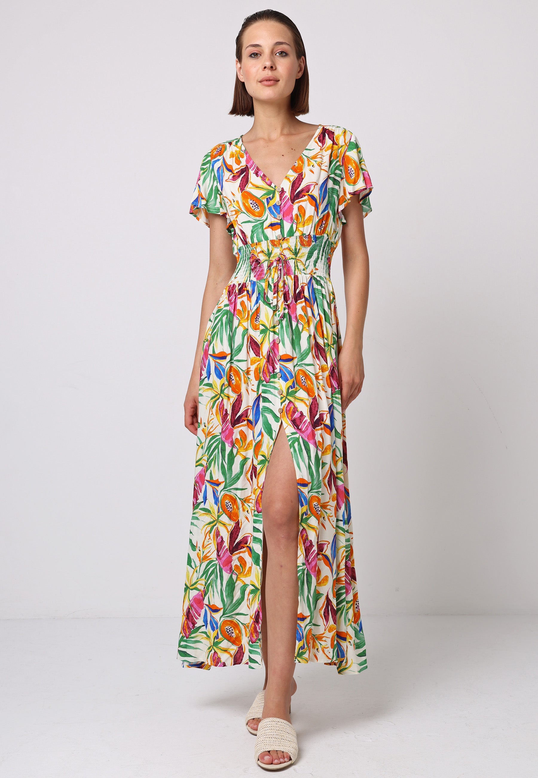 Shirred Waist Flutter Sleeve Maxi Dress In Tropical Papaya Print J038899