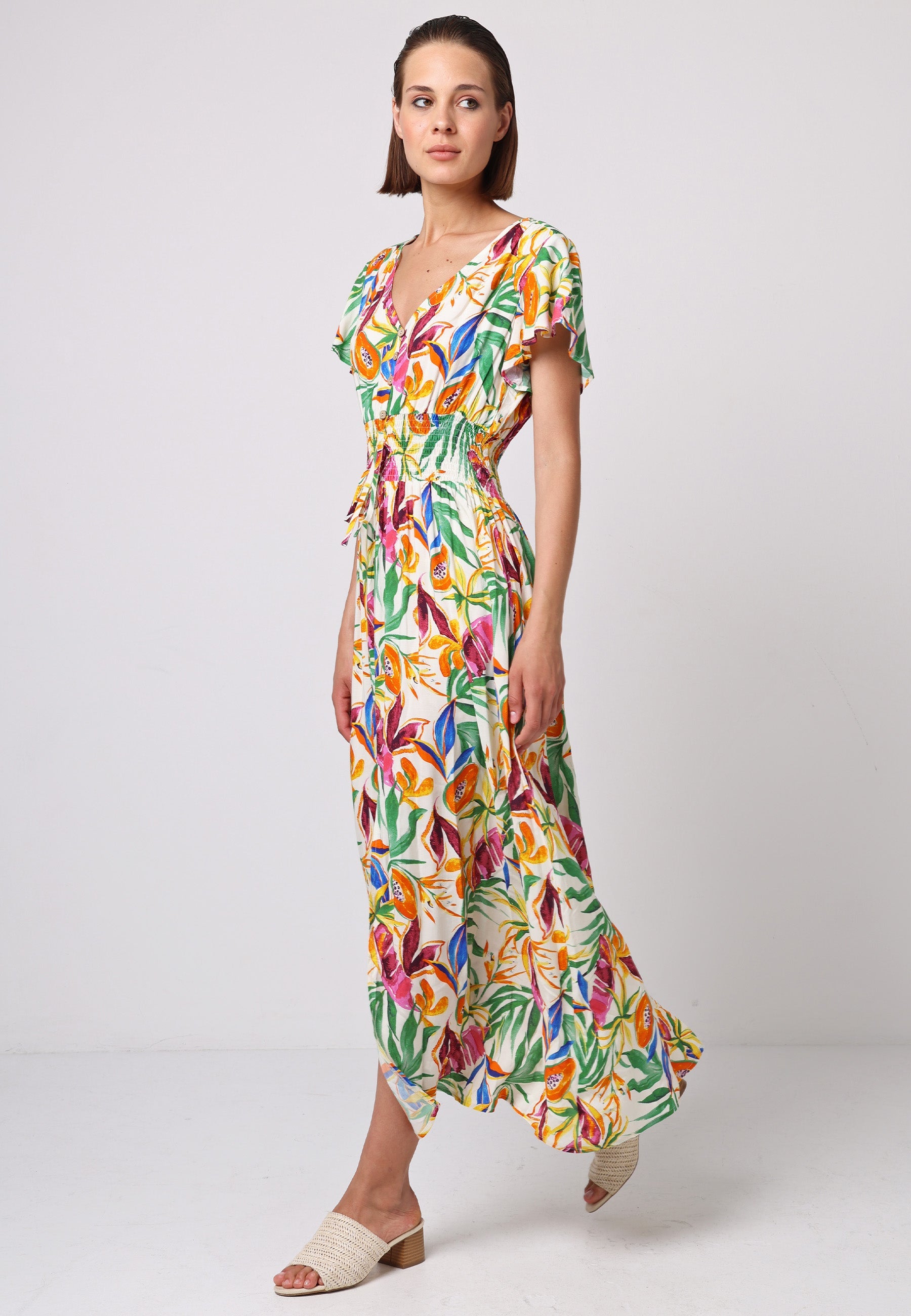 Shirred Waist Flutter Sleeve Maxi Dress In Tropical Papaya Print J038899