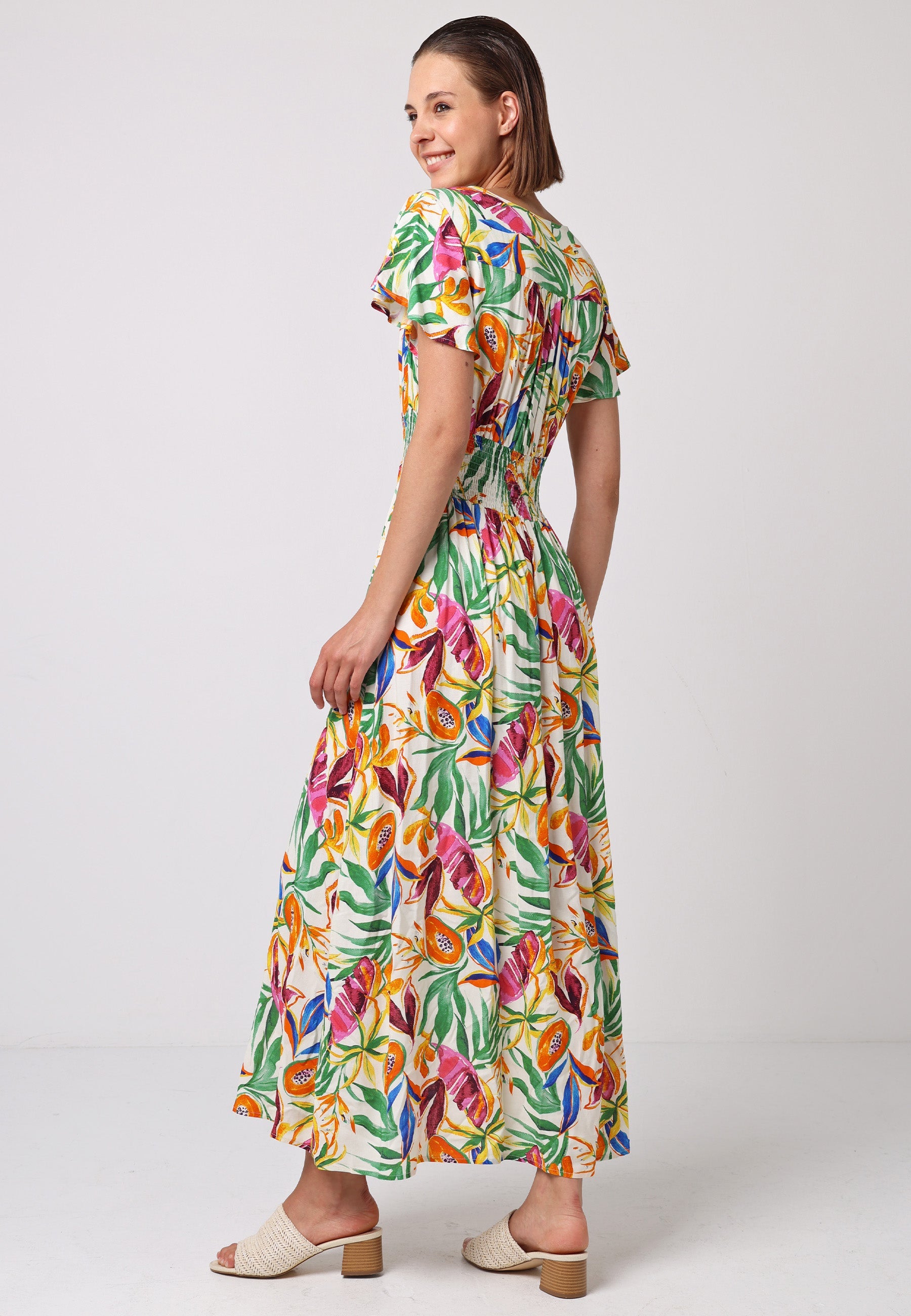 Shirred Waist Flutter Sleeve Maxi Dress In Tropical Papaya Print J038899