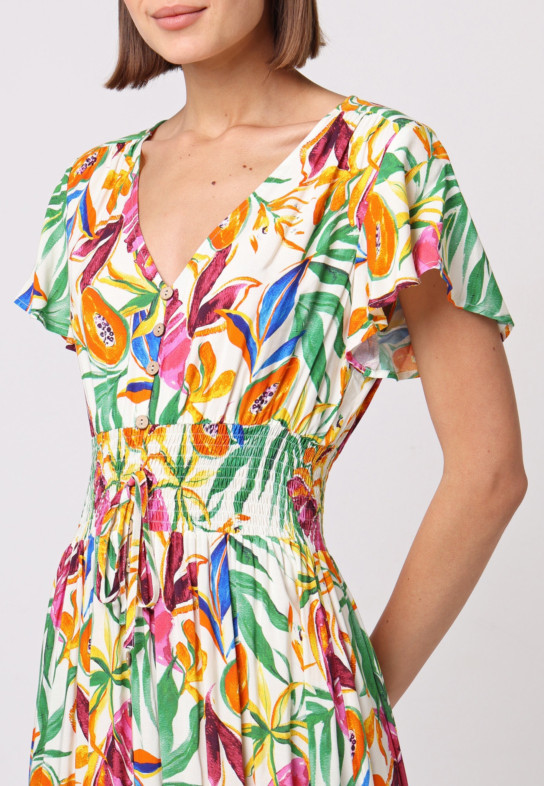 Shirred Waist Flutter Sleeve Maxi Dress In Tropical Papaya Print J038899