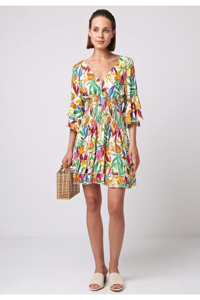 Multi - Summer Mini Dress In Tropical Papaya Print by Angeleye