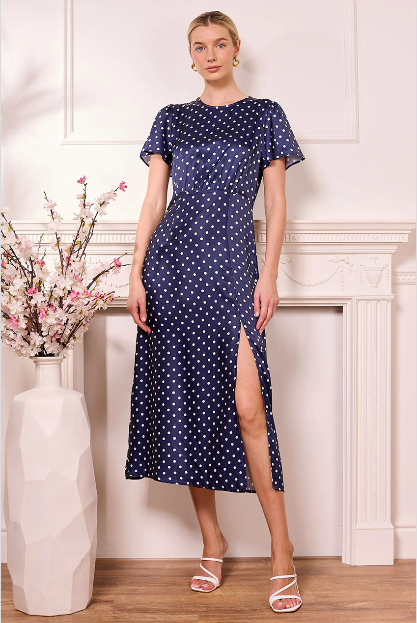 Navy Satin Polka Dot Midi Dress J042570
