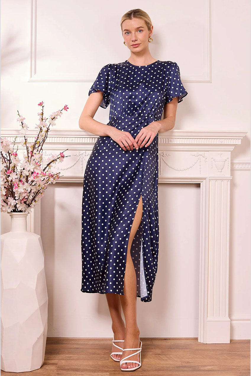 Navy Satin Polka Dot Midi Dress J042570