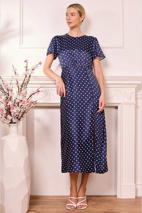 Navy Satin Polka Dot Midi Dress by Angeleye