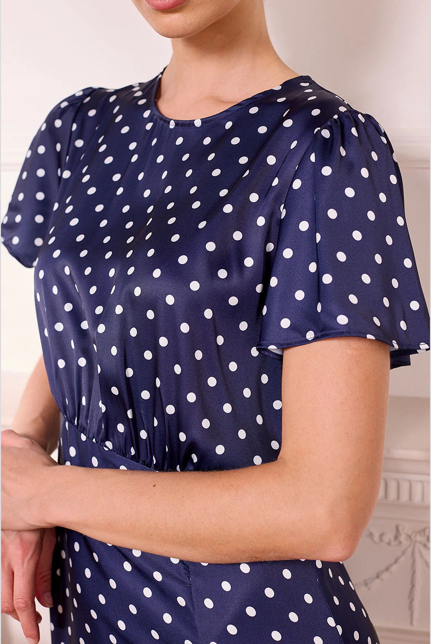 Navy Satin Polka Dot Midi Dress J042570