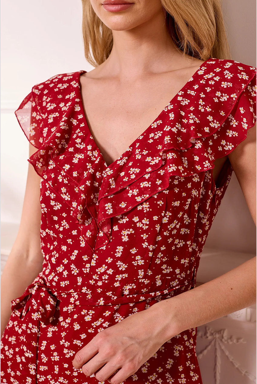 Red Ditsy Mini Dress With V-neck Ruffles J042571