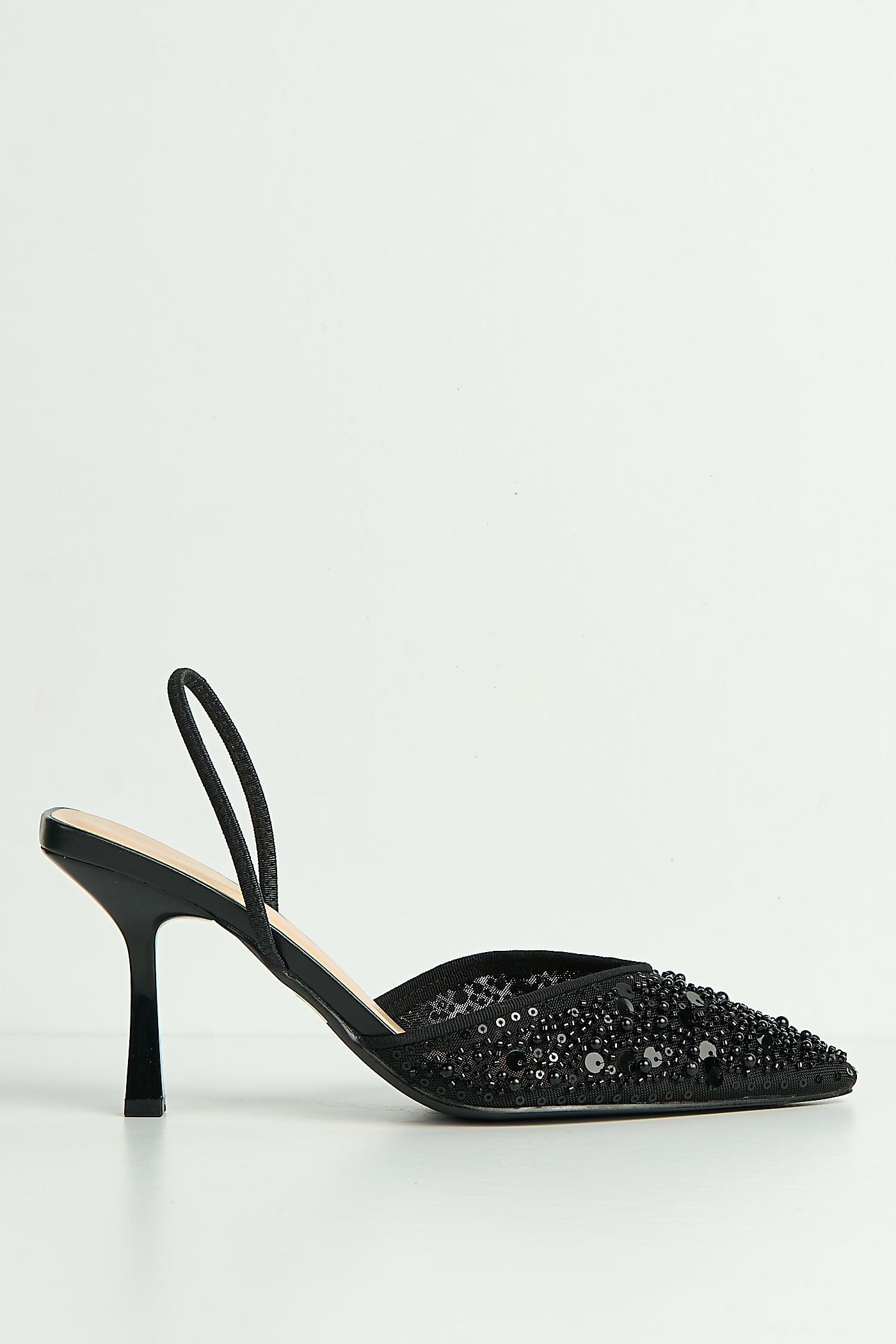 Jasmina Sequin & Bead Embellished Mesh Slingback Court Shoes In Black SALADO101-BLK
