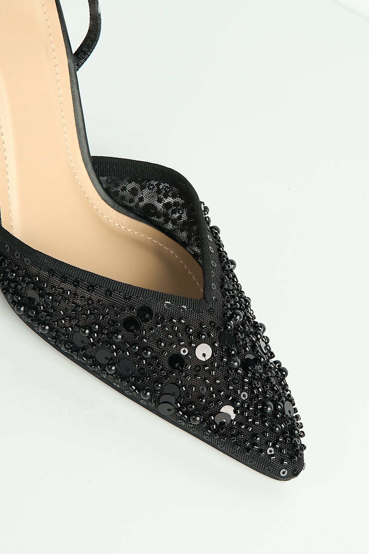 Jasmina Sequin & Bead Embellished Mesh Slingback Court Shoes In Black SALADO101-BLK