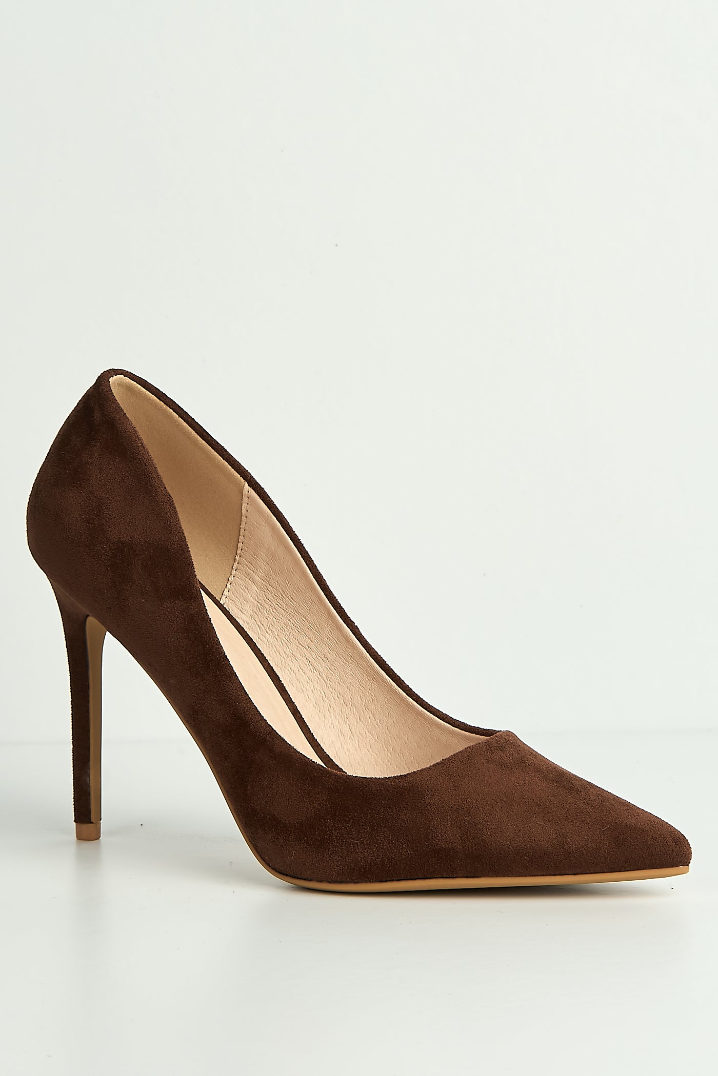 Mila High Stiletto Faux Sued Heel Court Shoe In Chocolate NF-493-CHOC