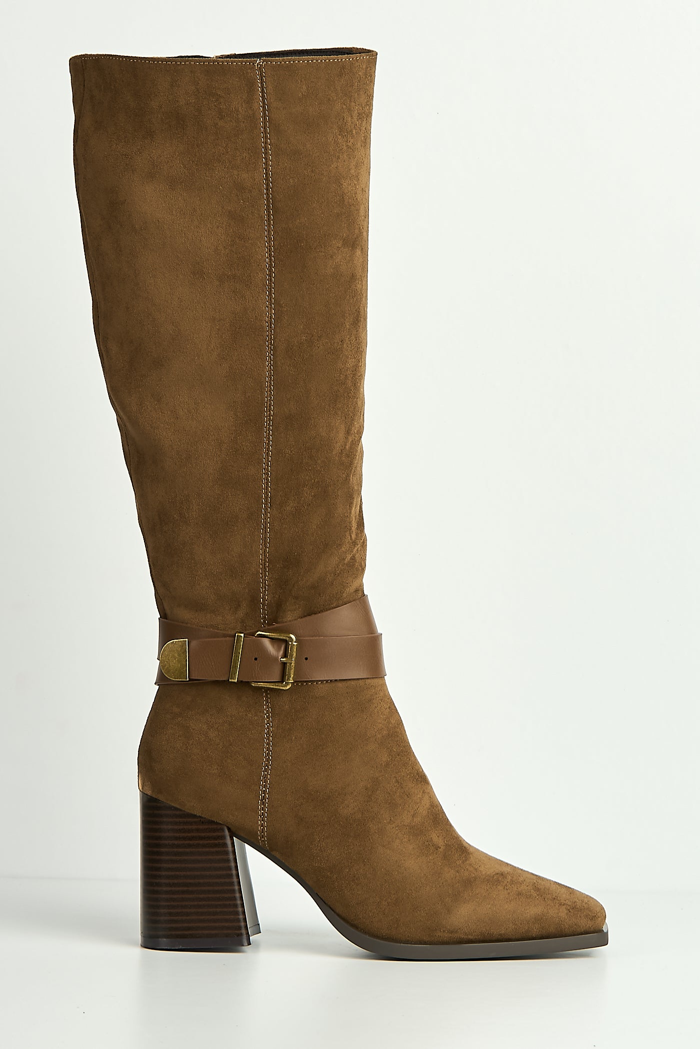 Leilani Gold Buckle Detail Knee High Block Heel Boots In Camel ASTON6-CAMSU
