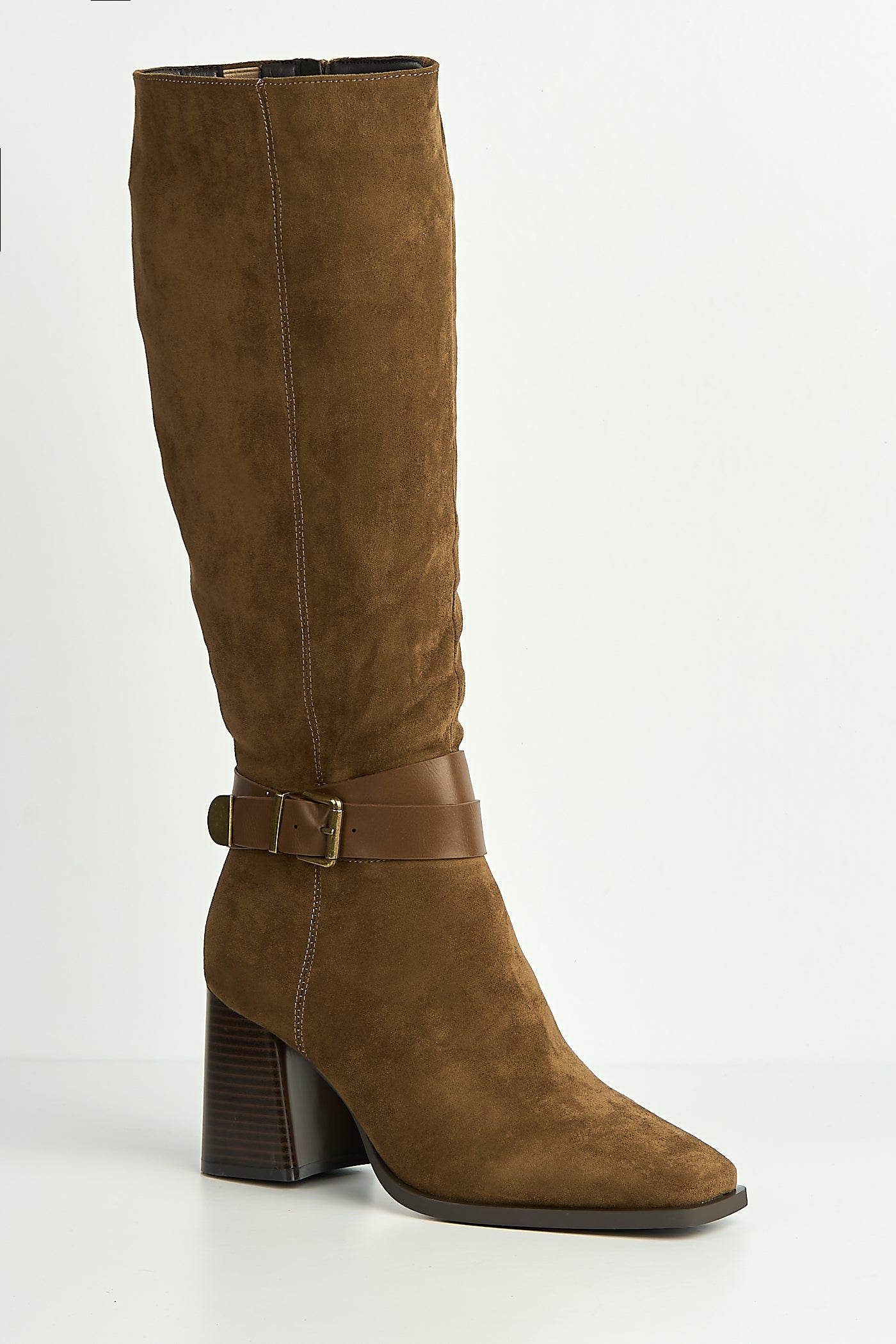 Leilani Gold Buckle Detail Knee High Block Heel Boots In Camel ASTON6-CAMSU
