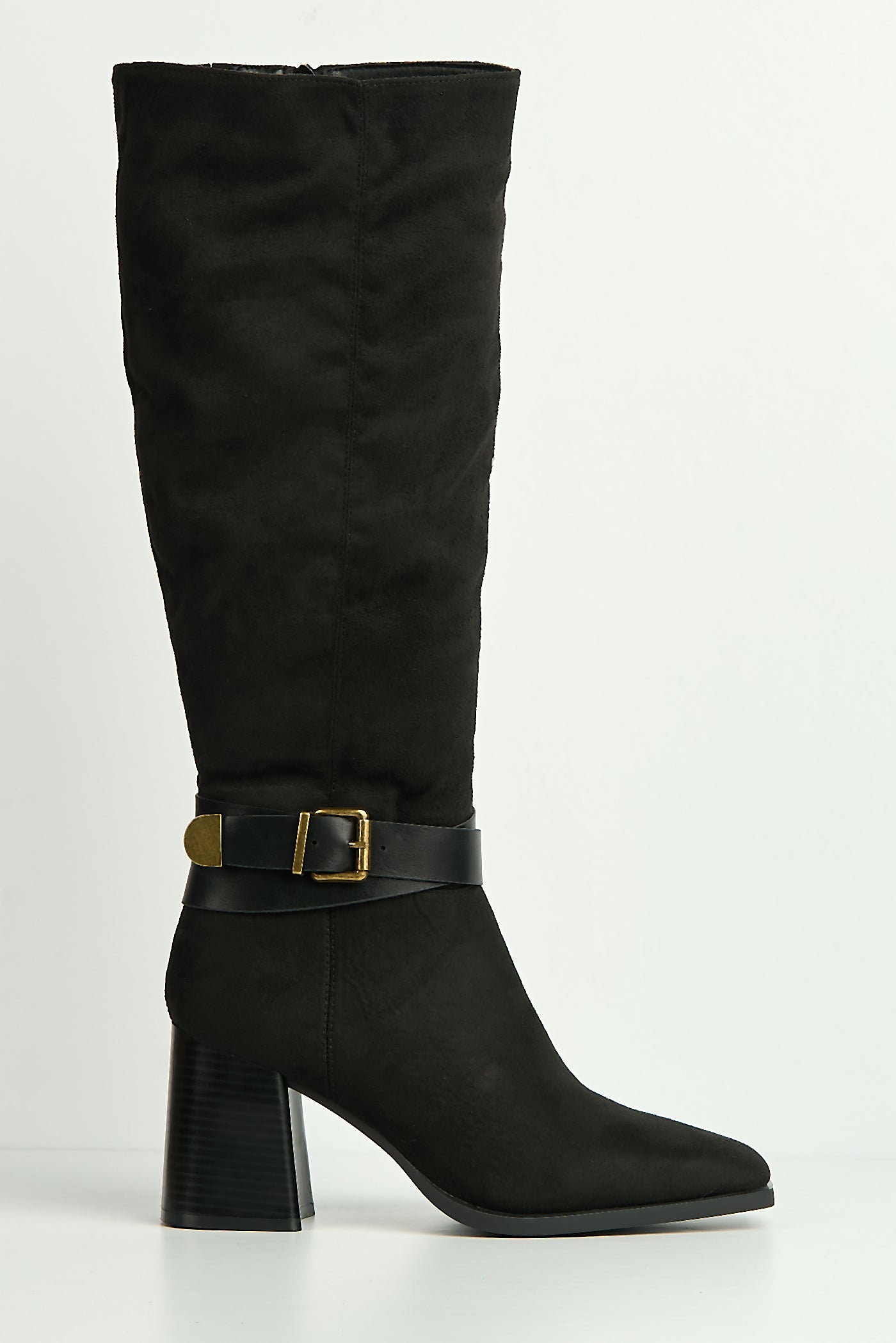 Leilani Gold Buckle Detail Knee High Block Heel Boots In Black ASTON6-BLKSU