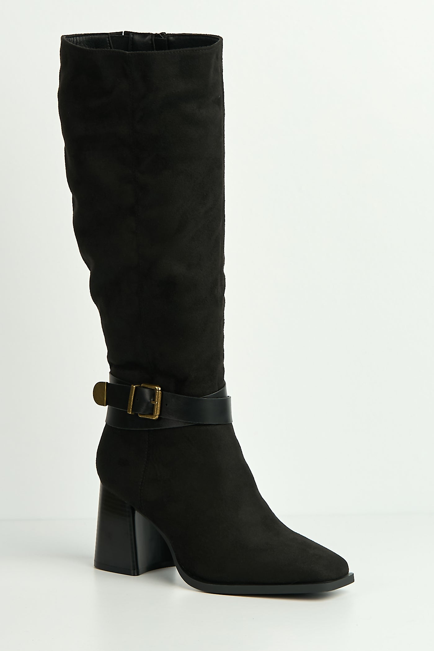 Leilani Gold Buckle Detail Knee High Block Heel Boots In Black ASTON6-BLKSU
