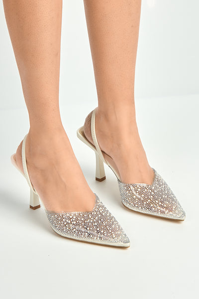 White - Kiana Diamante Embellished Sling Back Pointed Toe Court Shoes In White by Miss Diva