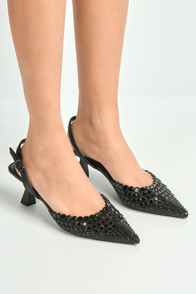 Black - Giovanna Mirror Encrusted Slingback Court Shoes In Black by Miss Diva