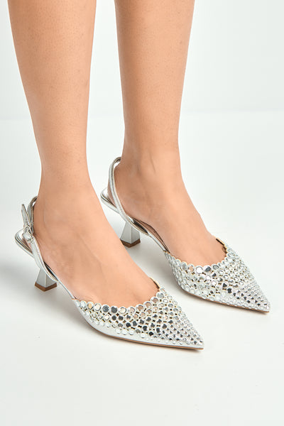 Silver - Giovanna Mirror Encrusted Slingback Court Shoes In Silver by Miss Diva