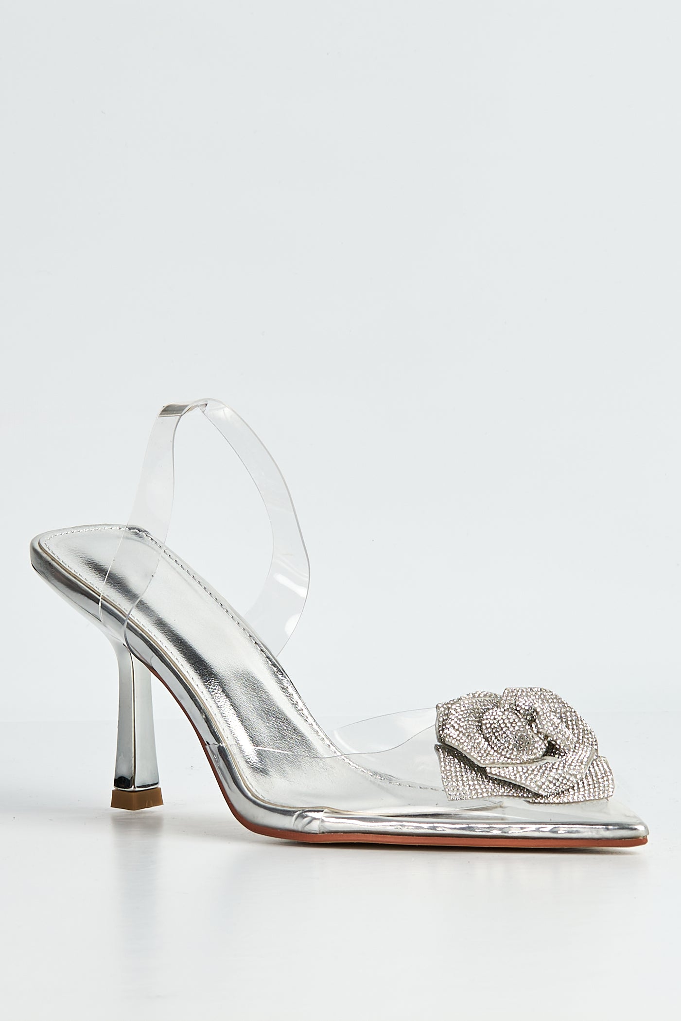 Rosela Diamante Rose Detail Pointed Toe Perspex Heels In Silver GT-1-SVR