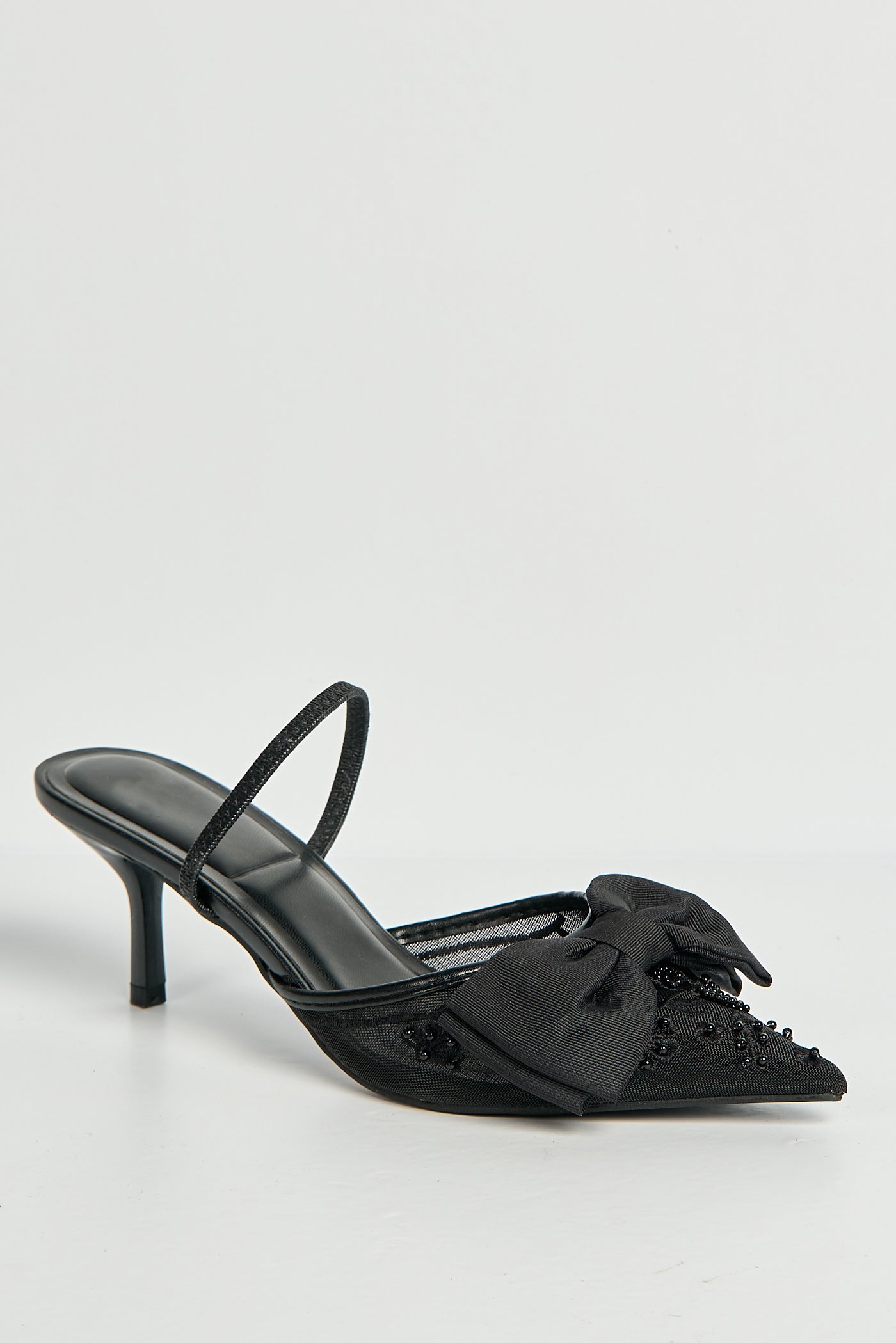 Seren Embellished Mesh And Bow Slingback Court Shoes In Black LOLA5251-BLK