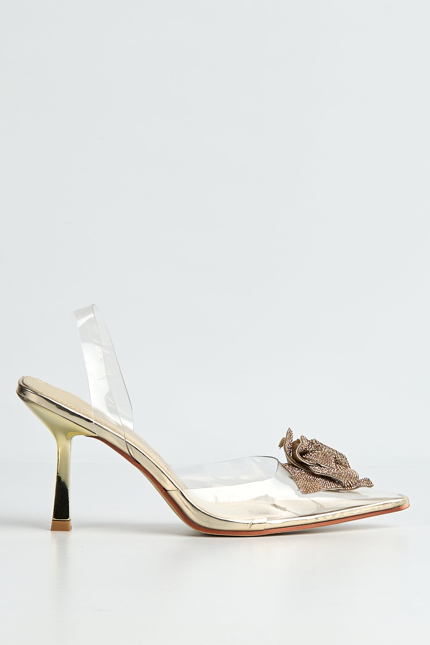 Rosela Diamante Rose Detail Pointed Toe Perspex Heels In Gold GT-1-GOL