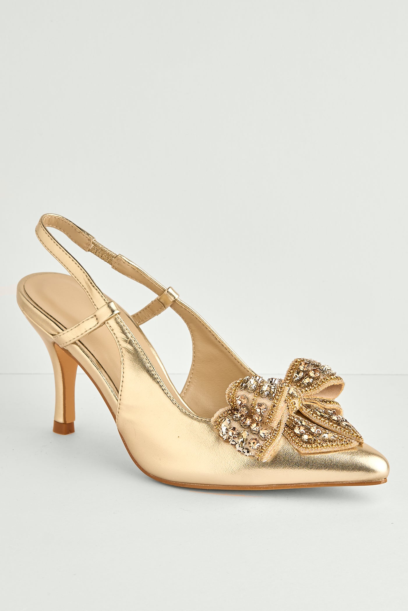 Celia Diamante Bow Pointed Toe Slingback Court Shoes In Gold DOVER61-GOL