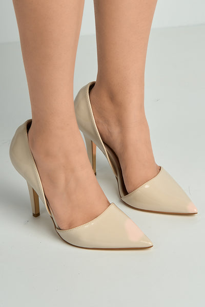 Nude - Milaya Cut-out Side Pointed Toe Court Shoes In Nude Patent by Miss Diva