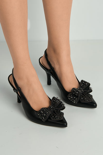Black - Celia Diamante Bow Pointed Toe Slingback Court Shoes In Black by Miss Diva