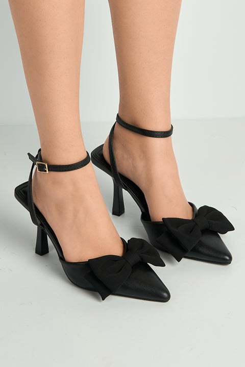Alua Bow Detail Anklestrap Court Shoes In Black by Miss Diva
