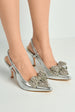 Celia Diamante Bow Pointed Toe Slingback Court Shoes In Silver by Miss Diva