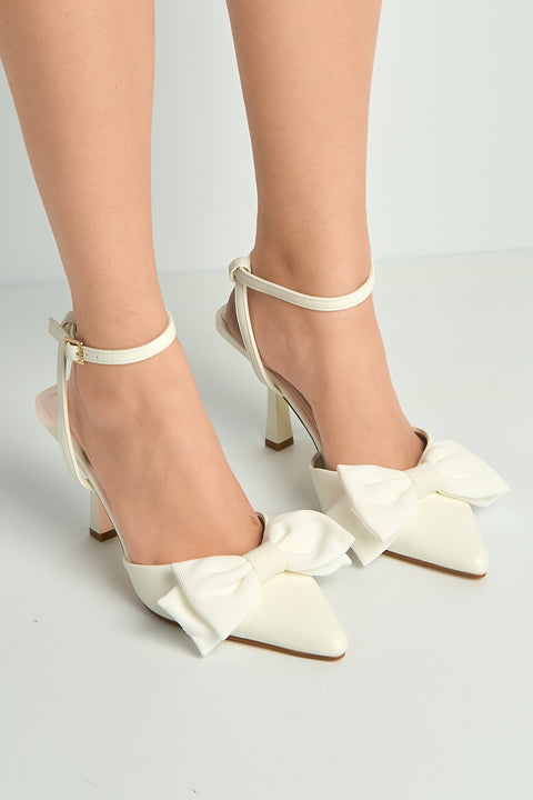 Alua Bow Detail Anklestrap Court Shoes In White by Miss Diva