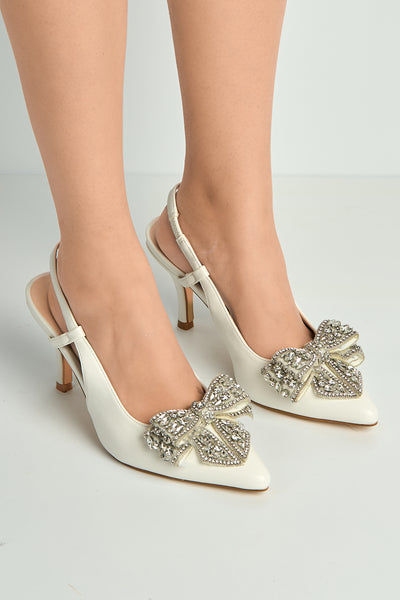 White - Celia Diamante Bow Pointed Toe Slingback Court Shoes In White by Miss Diva