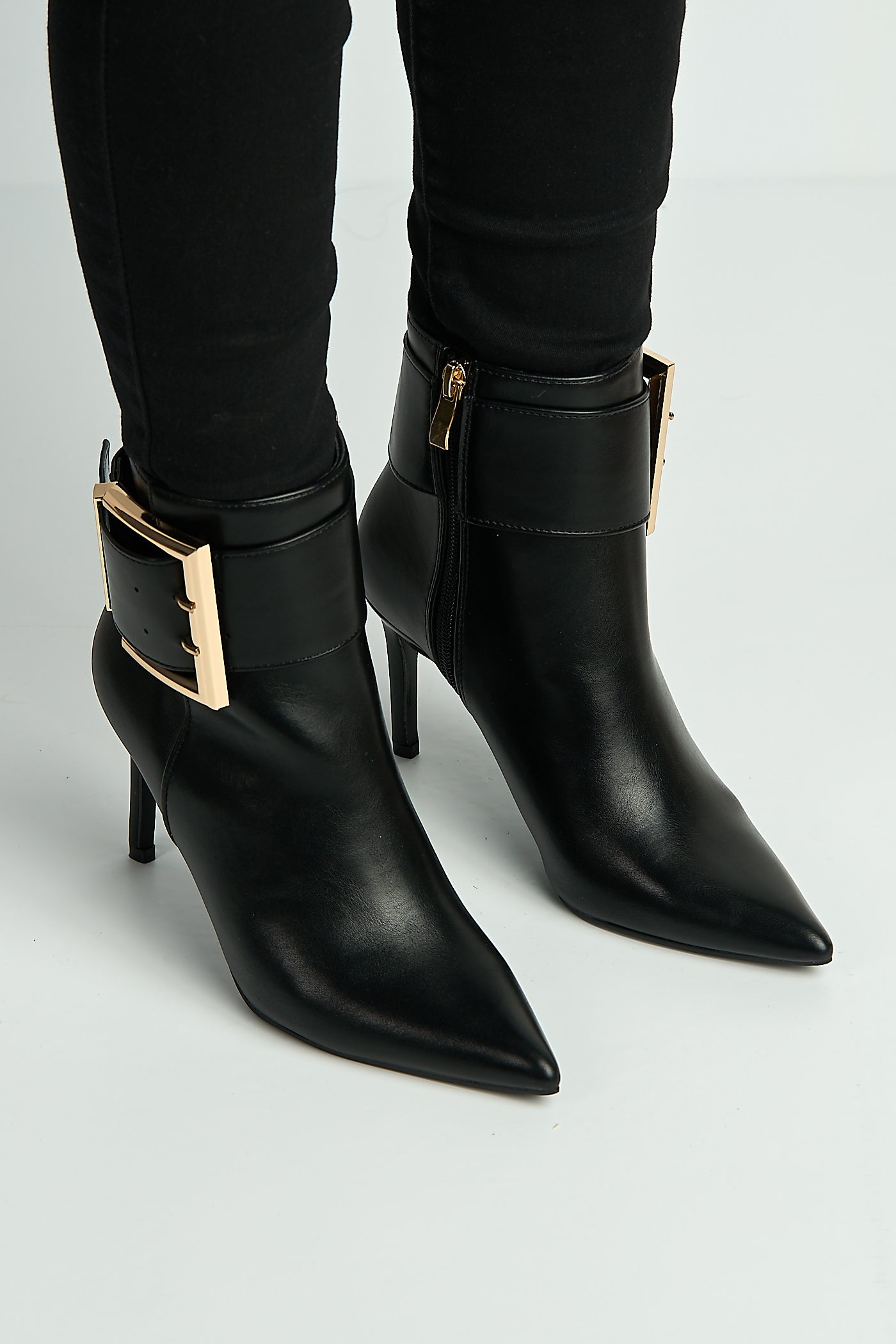 Daphne Gold Buckle Detail Pointed Toe Ankle Boots In Black X118-A6-BLK