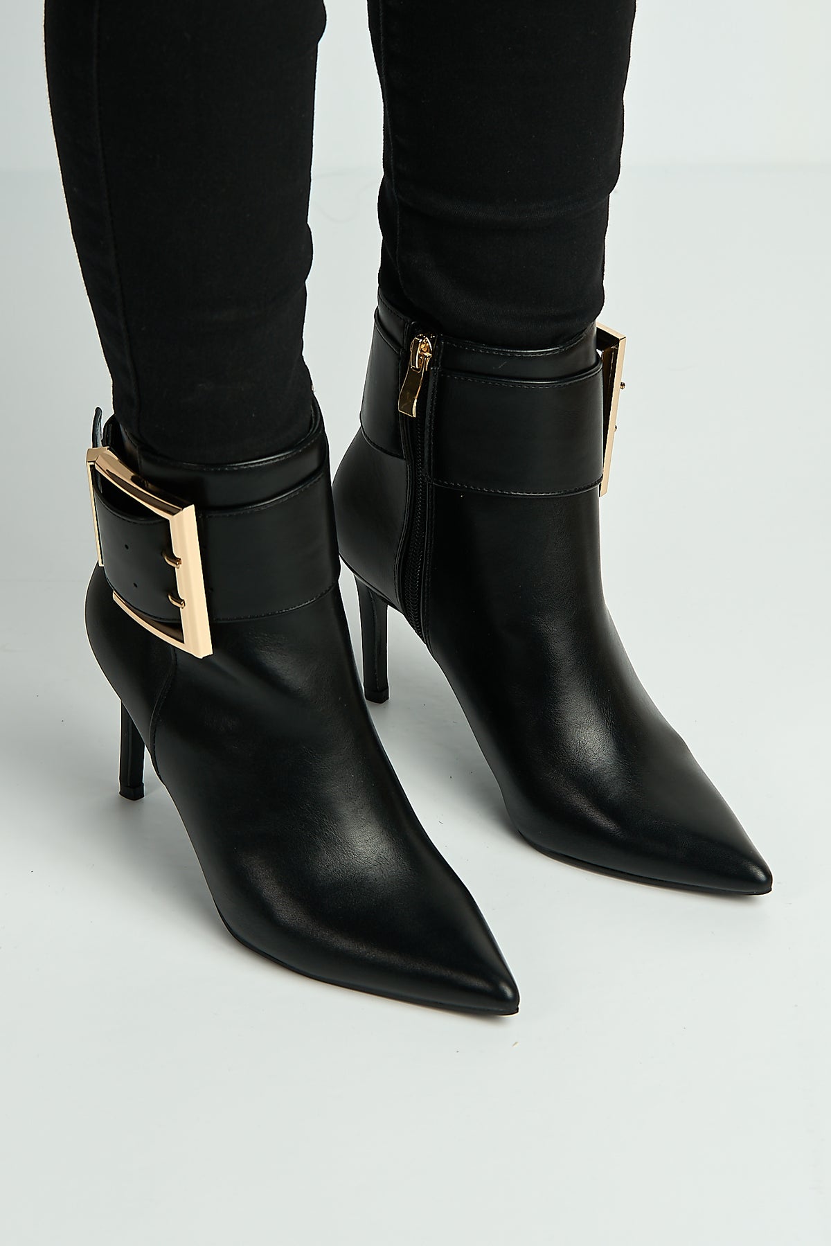 Daphne Gold Buckle Detail Pointed Toe Ankle Boots In Black X118-A6-BLK