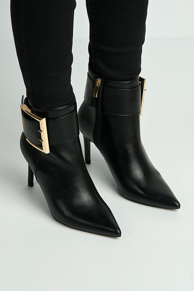 Black - Daphne Gold Buckle Detail Pointed Toe Ankle Boots In Black by Miss Diva